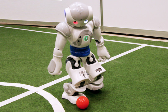Ein Roboter steht mit einem roten Ball auf einem grünen Fußballfeld.