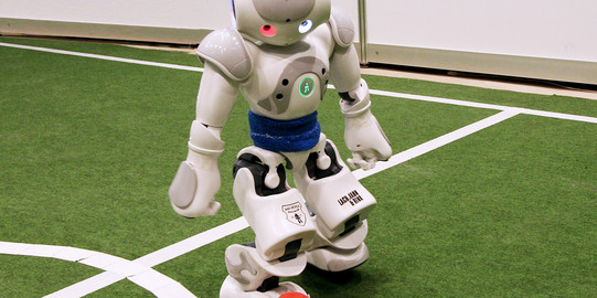 Ein Roboter steht mit einem roten Ball auf einem grünen Fußballfeld.